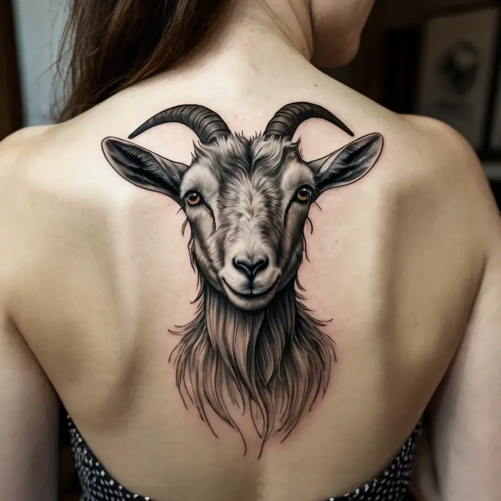 Realistic goat head tattoo with detailed fur and expressive eyes, centered on the upper back, symbolizing independence.