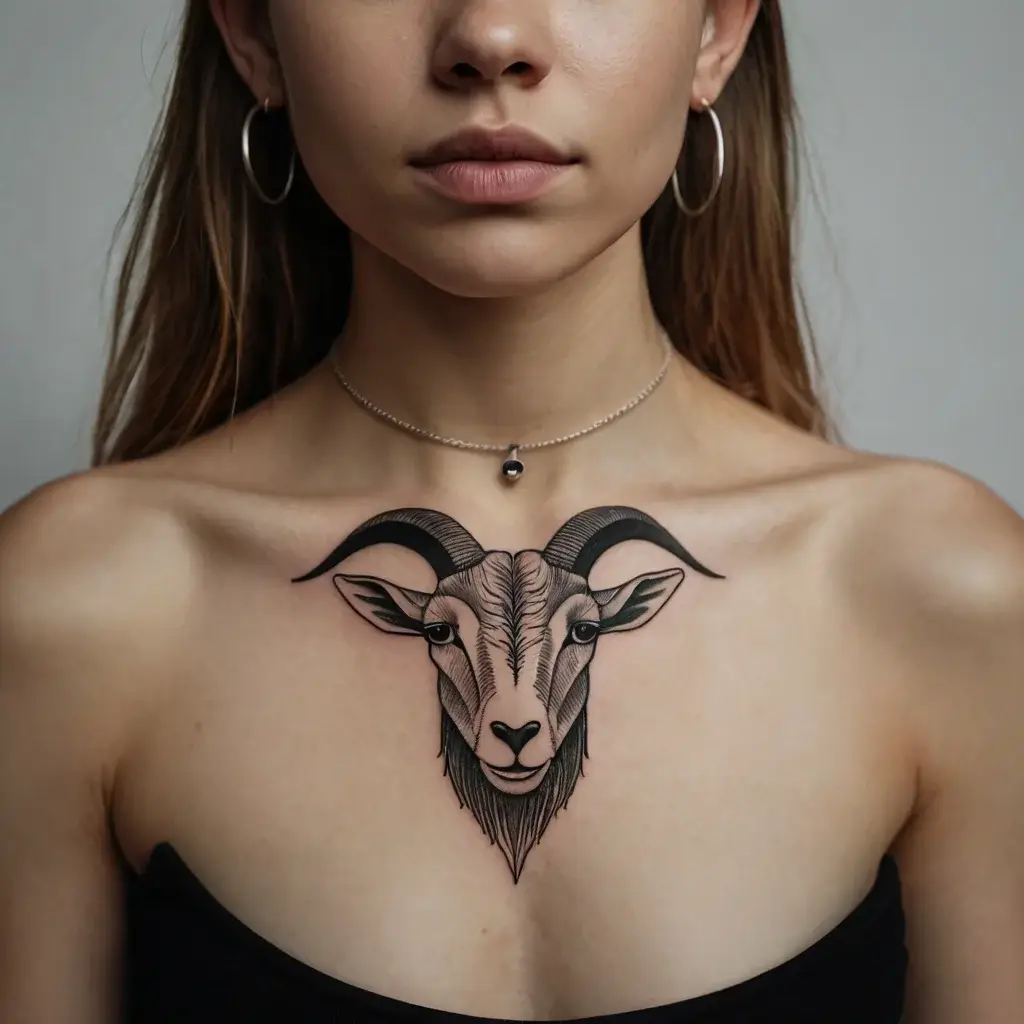 Chest tattoo of a detailed goat's head, showcasing intricate linework and shading, emphasizing strength and wisdom.