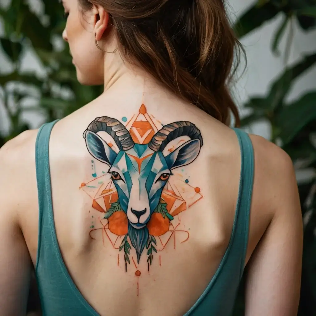 Tattoo of a geometric ram's head in blue and orange hues with abstract shapes and patterns, located on the upper back.