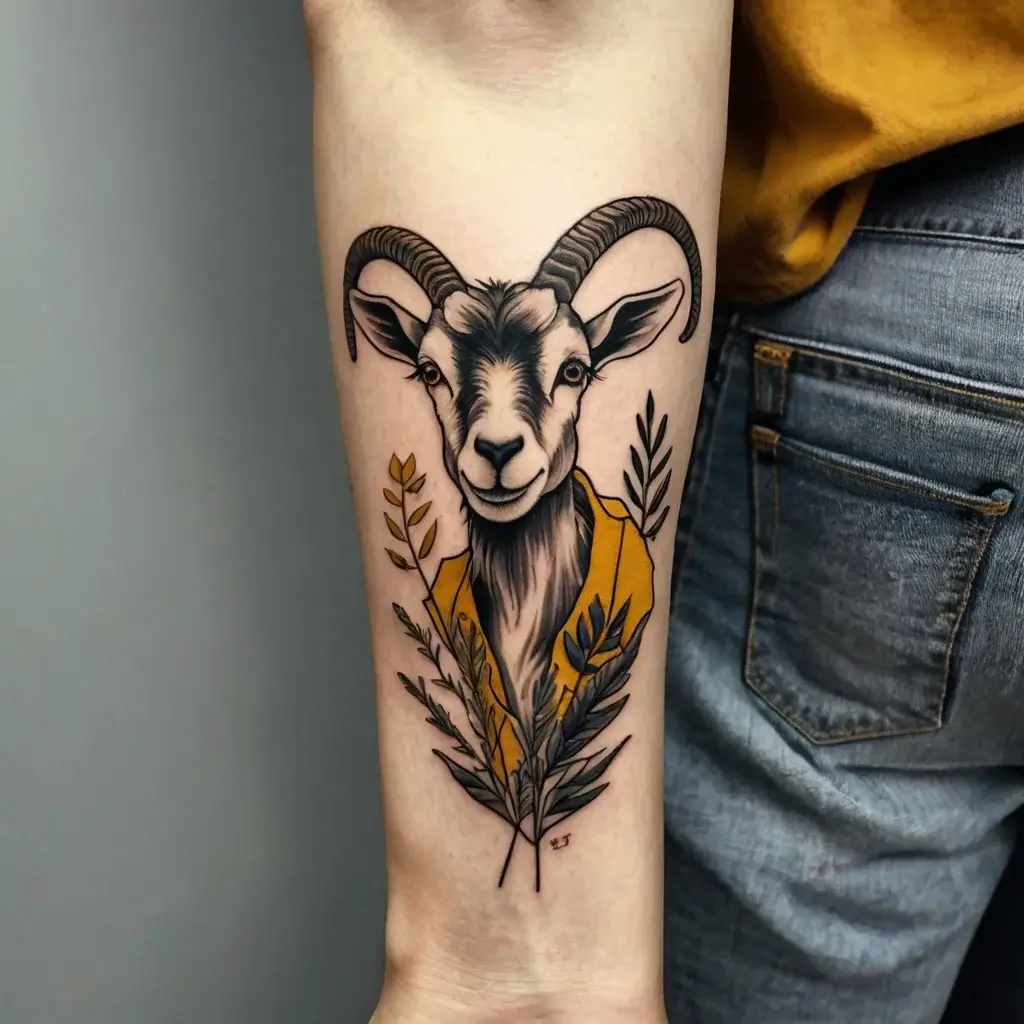 Illustrative tattoo of a goat in a yellow jacket, flanked by stylized leaves. Bold lines and earthy tones enhance detail.