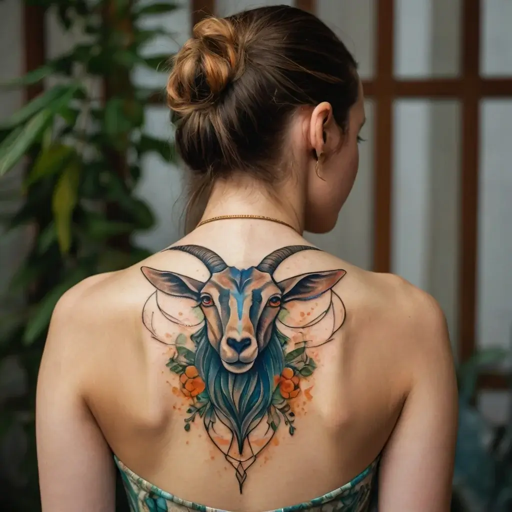 Tattoo of a stylized goat head with blue and orange hues, floral accents, and dynamic line details on the upper back.