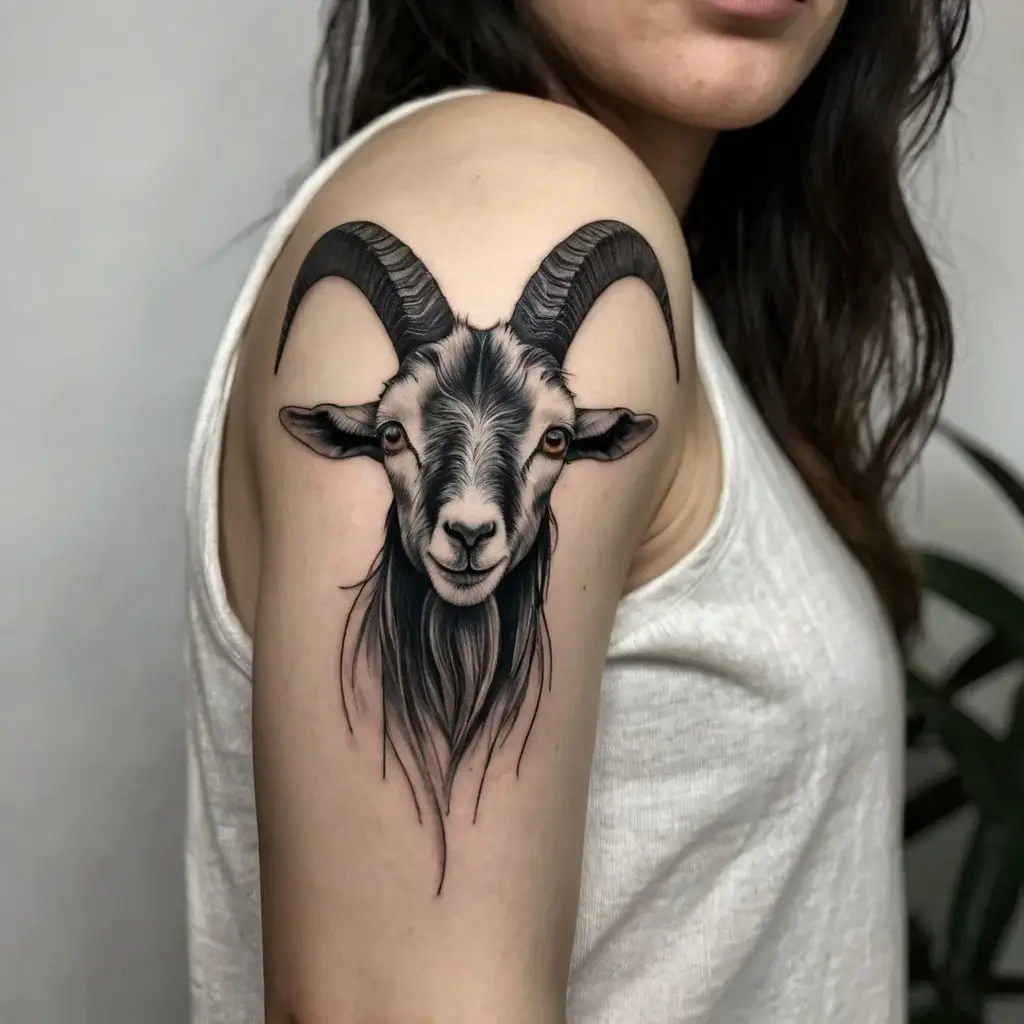 Realistic tattoo of a goat on an upper arm, featuring detailed horns, sharp eyes, and a flowing beard.