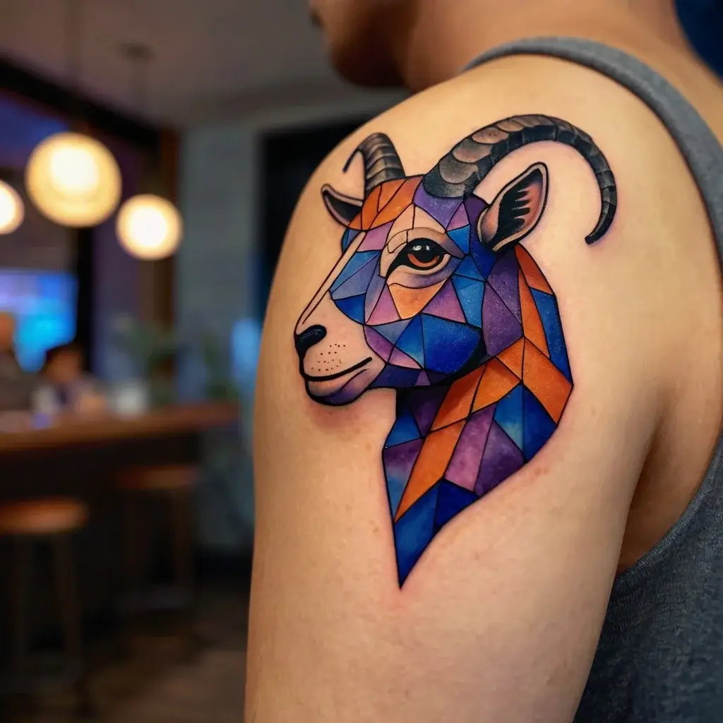 Geometric tattoo of a ram's head in blue, purple, and orange hues, showcasing intricate polygonal design on a shoulder.