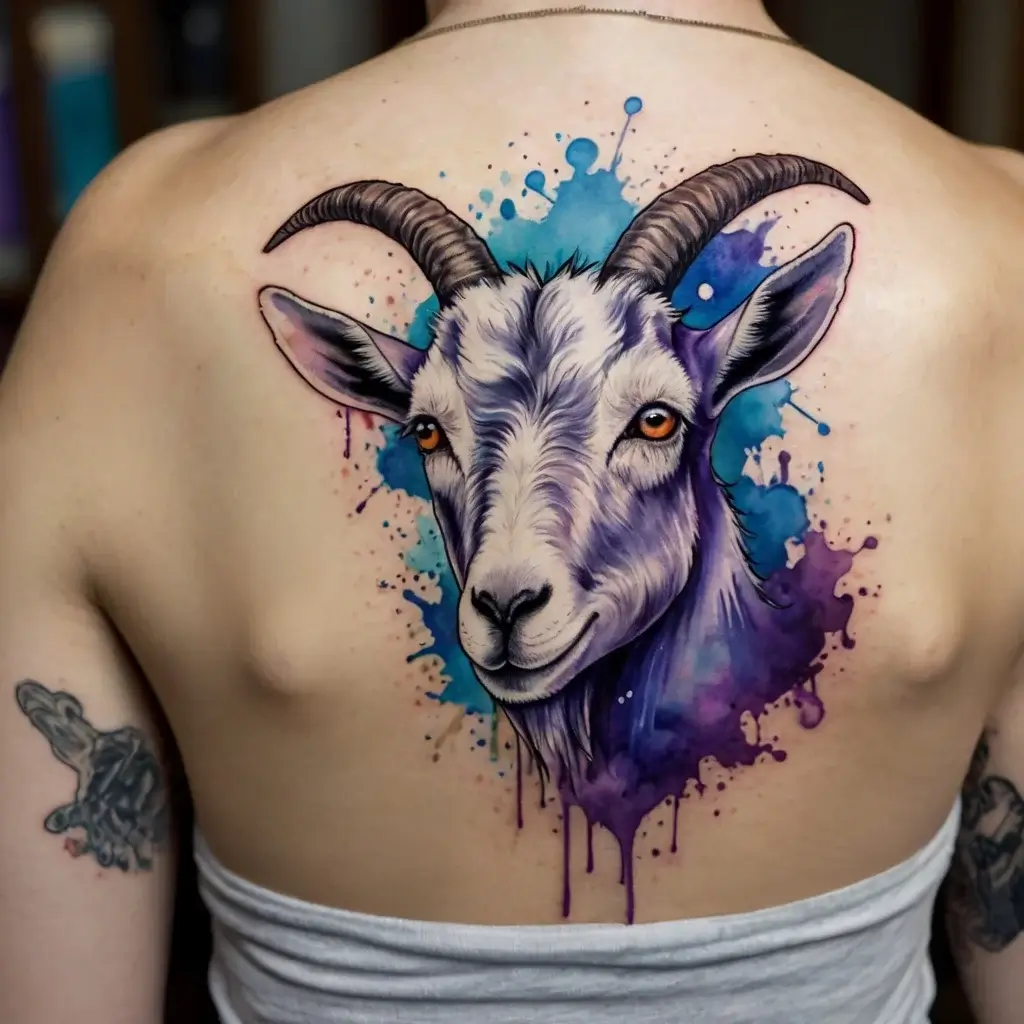 Watercolor-style goat tattoo with vivid blues and purples, blending realistic details with abstract splashes on the back.