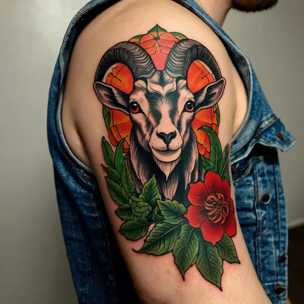 Tattoo of a stylized ram head with vibrant orange backdrop, surrounded by green leaves and a red flower on the upper arm.