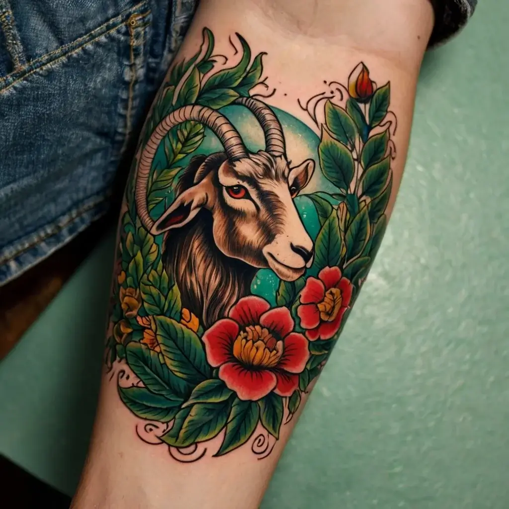 A vibrant tattoo of a goat with intricate horns, surrounded by lush green leaves and bold red flowers on the forearm.