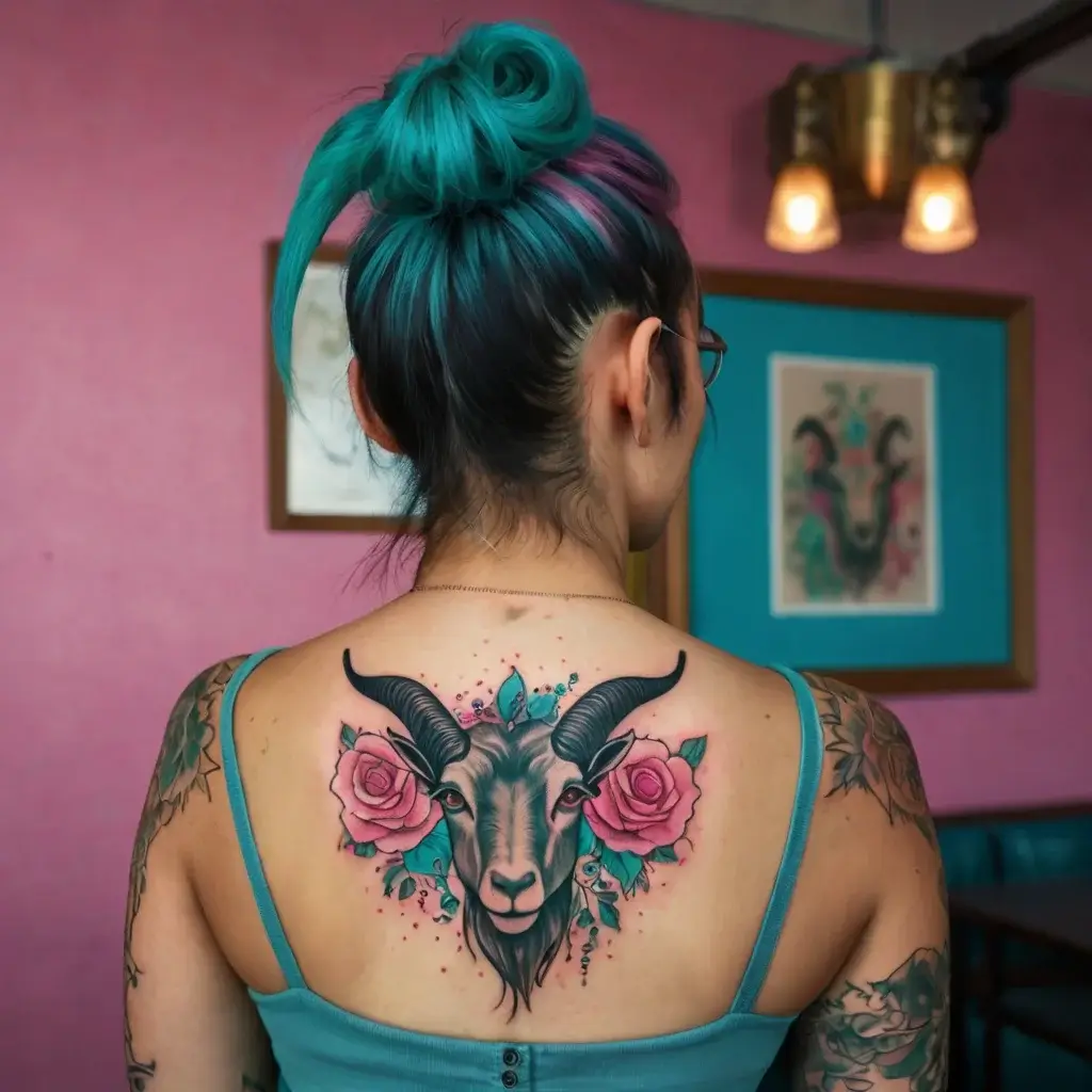 Tattoo of a goat head with large horns surrounded by pink roses and teal leaves on back, blending realism with vibrant colors.