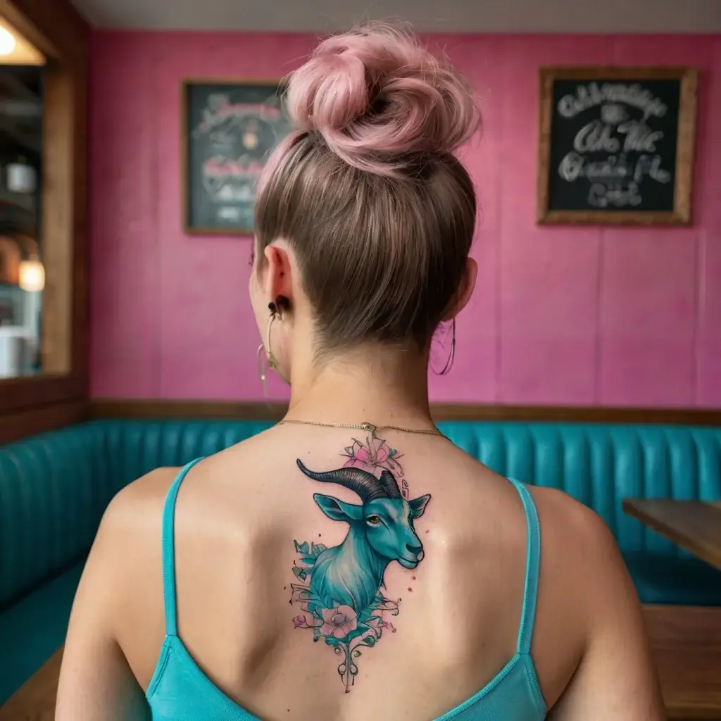 Tattoo of a blue goat head adorned with pink flowers and leaves, centered on the upper back against a pink background.