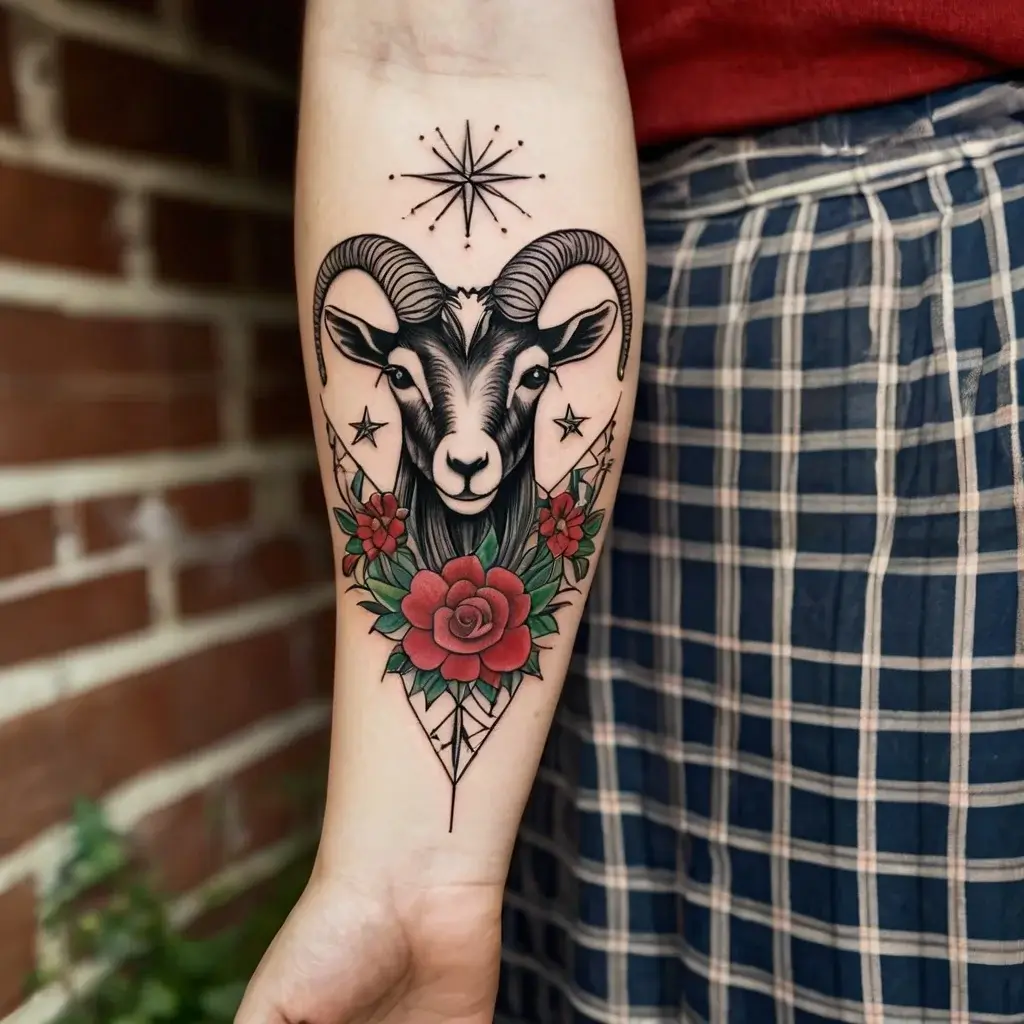 A goat head framed by a heart, adorned with roses and a compass star above, symbolizing guidance and nature.