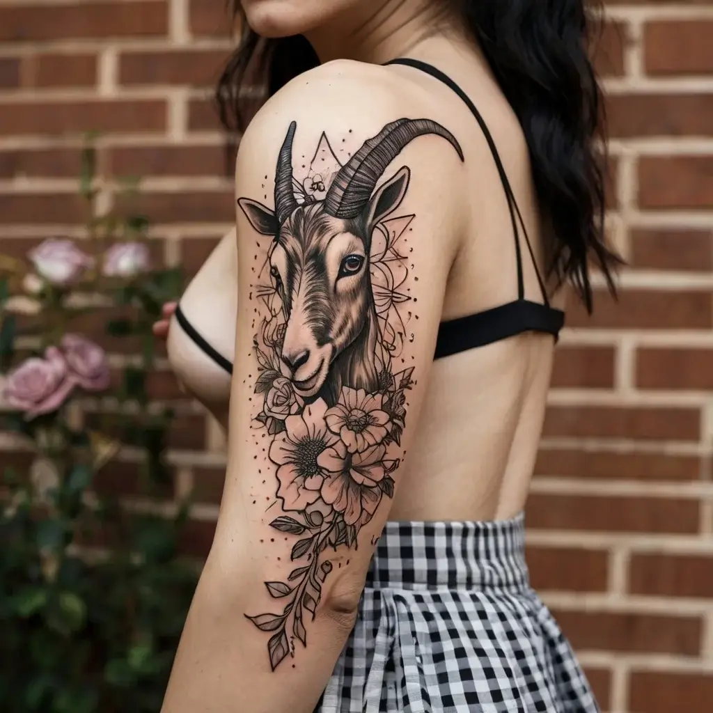 Tattoo of a goat head surrounded by detailed flowers and geometric elements, intricately inked on the upper arm.