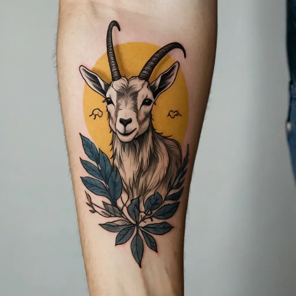 Tattoo of a goat with curved horns, a yellow circle background, and blue leaves, blending realism with traditional style.