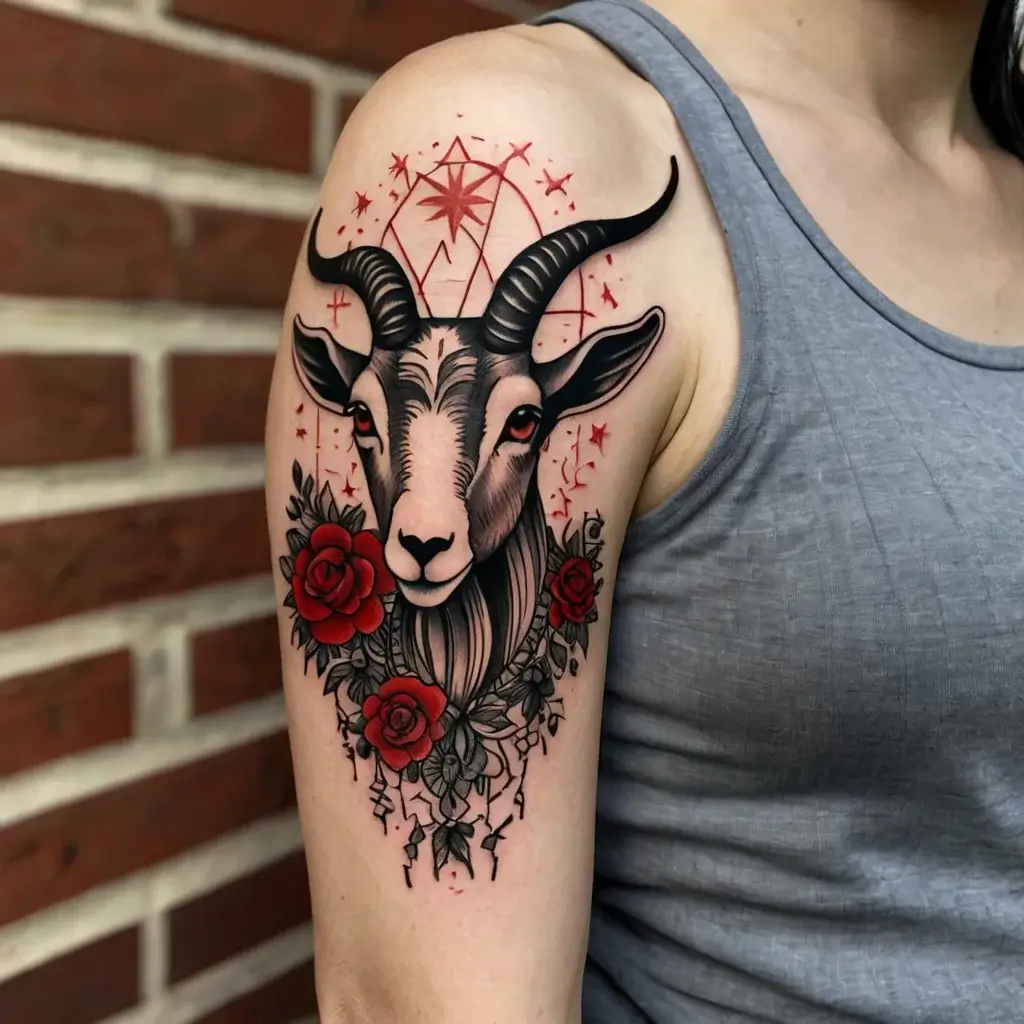 Tattoo shows a goat with ornate horns, surrounded by red roses and geometric shapes, symbolizing strength and beauty.