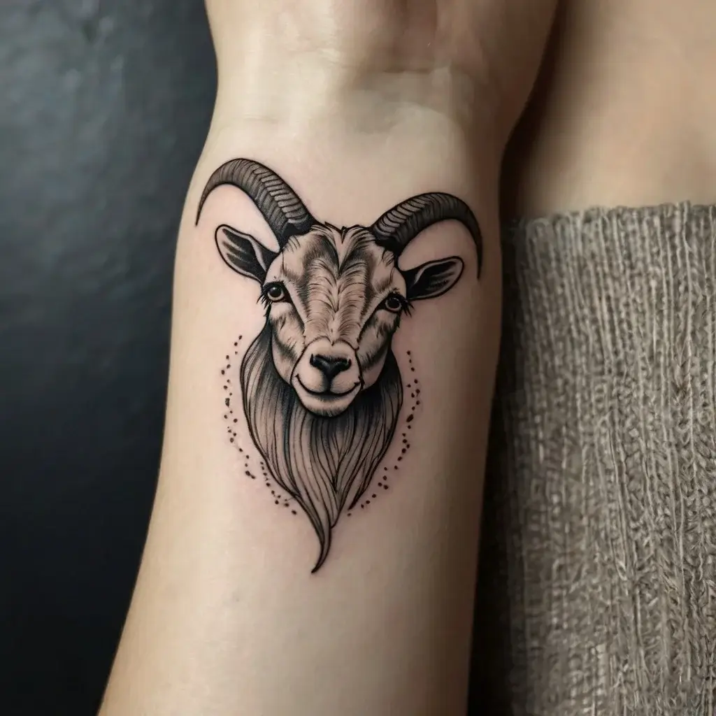 A detailed goat head tattoo with curved horns and a pointed beard, accented by subtle dotwork around the design.