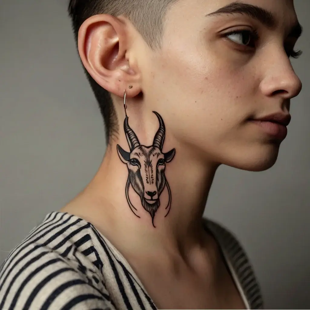 Tattoo of a goat head blends with woman's ear, featuring detailed horns and sharp lines for a surreal, artistic look.