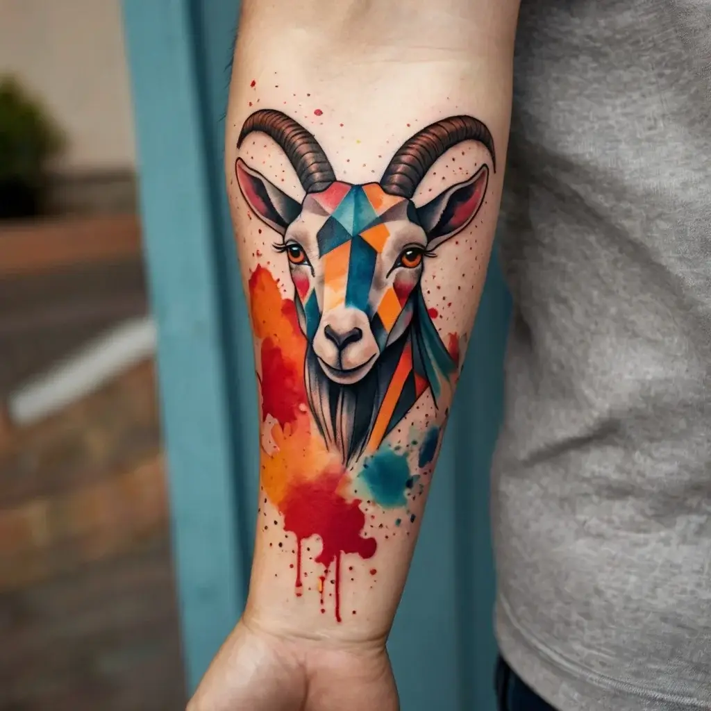 Geometric goat tattoo with vibrant colors and watercolor splashes, blending orange, blue, and red hues on the forearm.