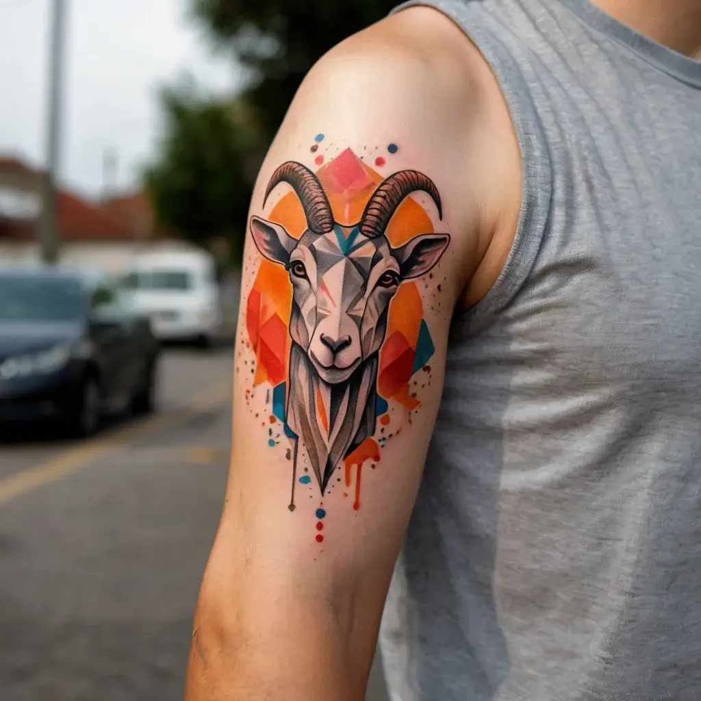 Abstract geometric goat head tattoo with vibrant orange and blue facets, drips, and dots on a bicep.