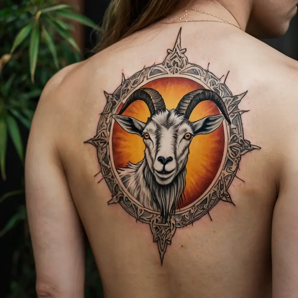 Tattoo of a goat with detailed horns, set against a fiery orange circle and ornate frame on a person's upper back.