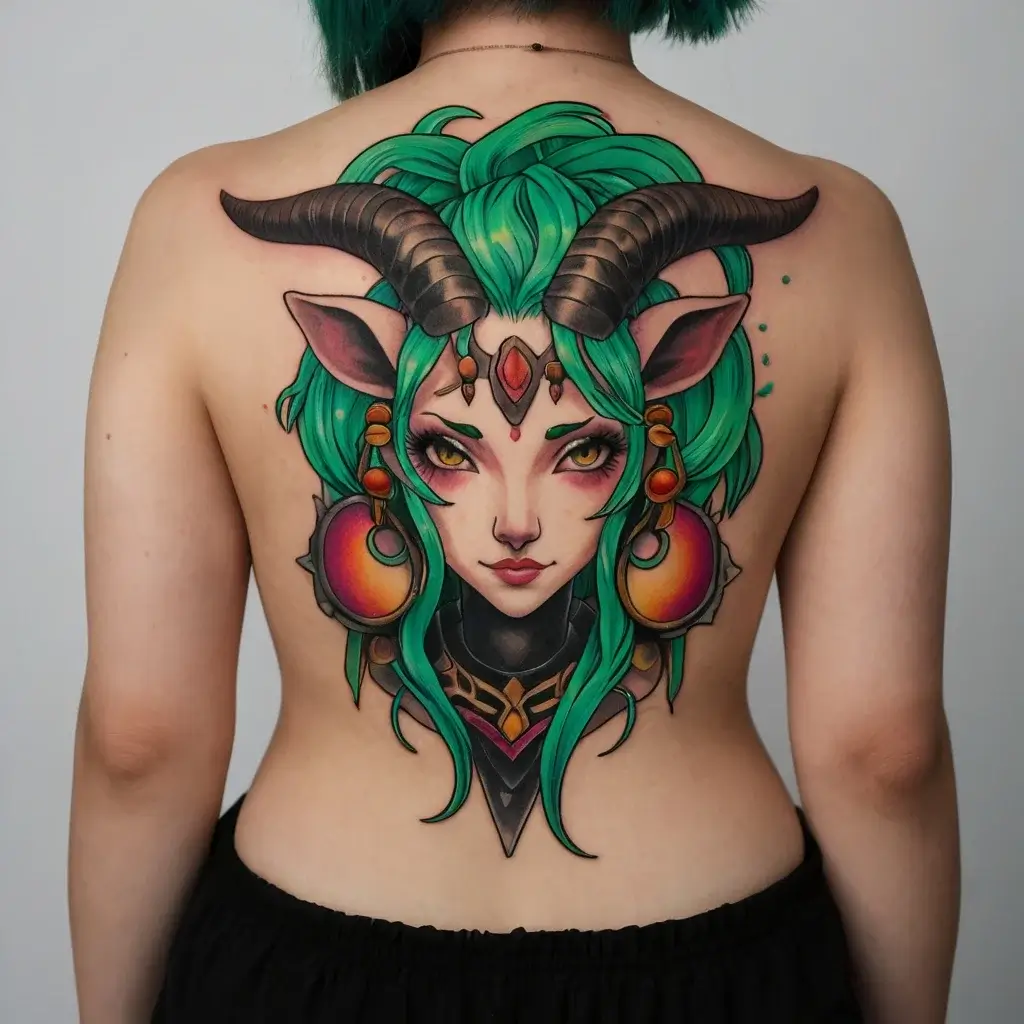 Anthro character tattoo with green hair, horns, and ornate jewelry. Bold colors on the back, mixing fantasy and realism.