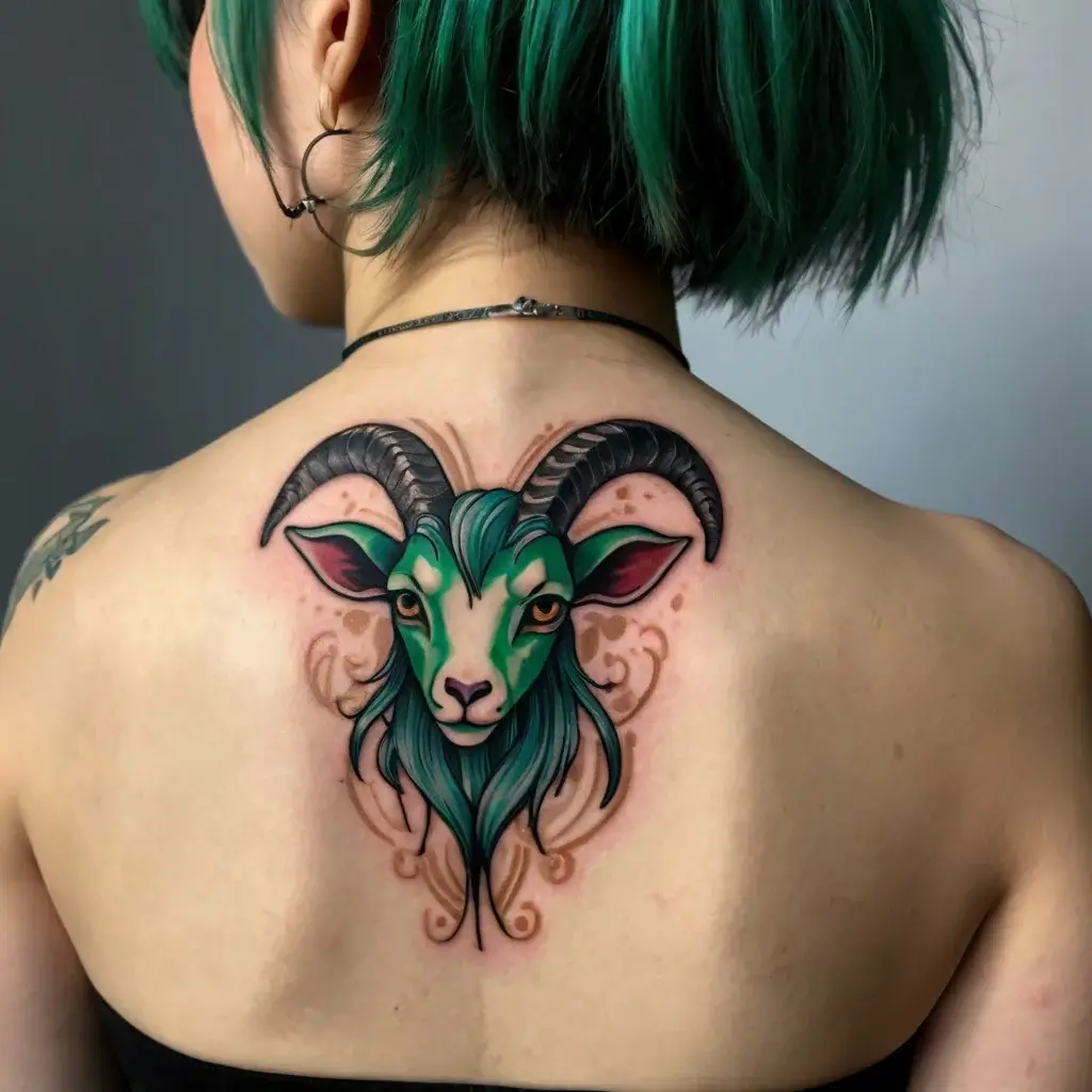 Tattoo of a stylized green goat head with curled horns, accented by swirls on the back, blending realism with fantasy.