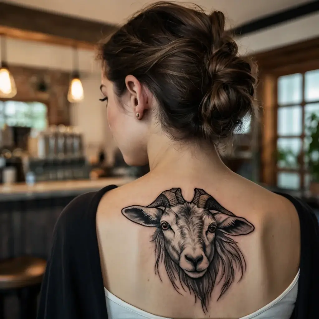 Detailed black and grey goat tattoo on upper back, showcasing intricate shading and realistic features.