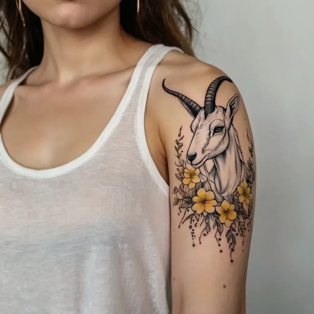 A detailed tattoo of an antelope head with curved horns, surrounded by yellow flowers and leaves on the upper arm.