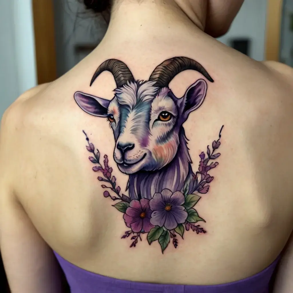 Tattoo of a detailed goat head with purple flowers and greenery, creating a colorful, nature-themed back piece.