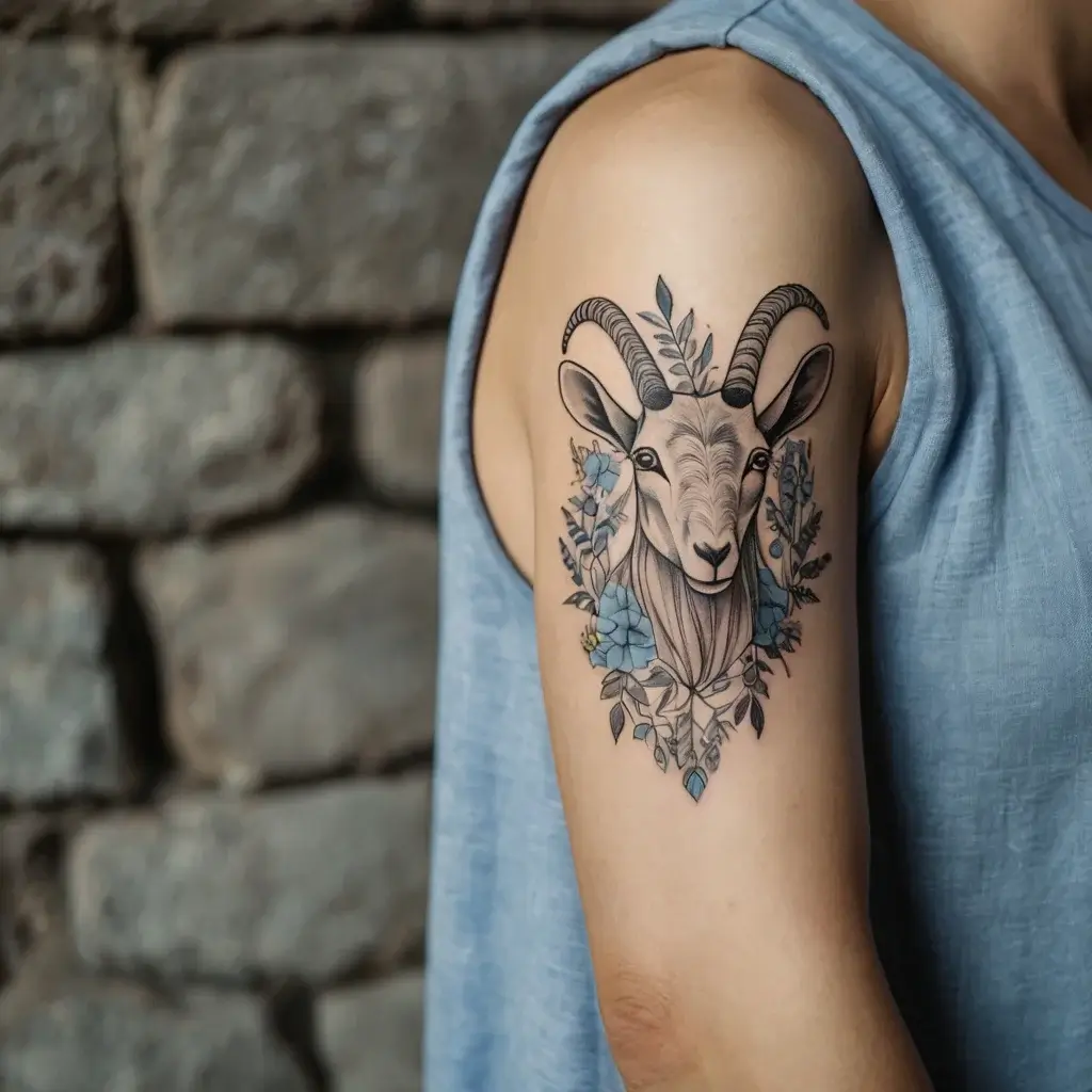 Tattoo of a detailed ram's head with curling horns, surrounded by blue flowers and leaves, on an upper arm.