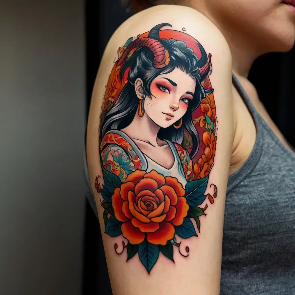 A vibrant tattoo of a horned woman with floral accents and intricate detailing in colorful, traditional style on the upper arm.