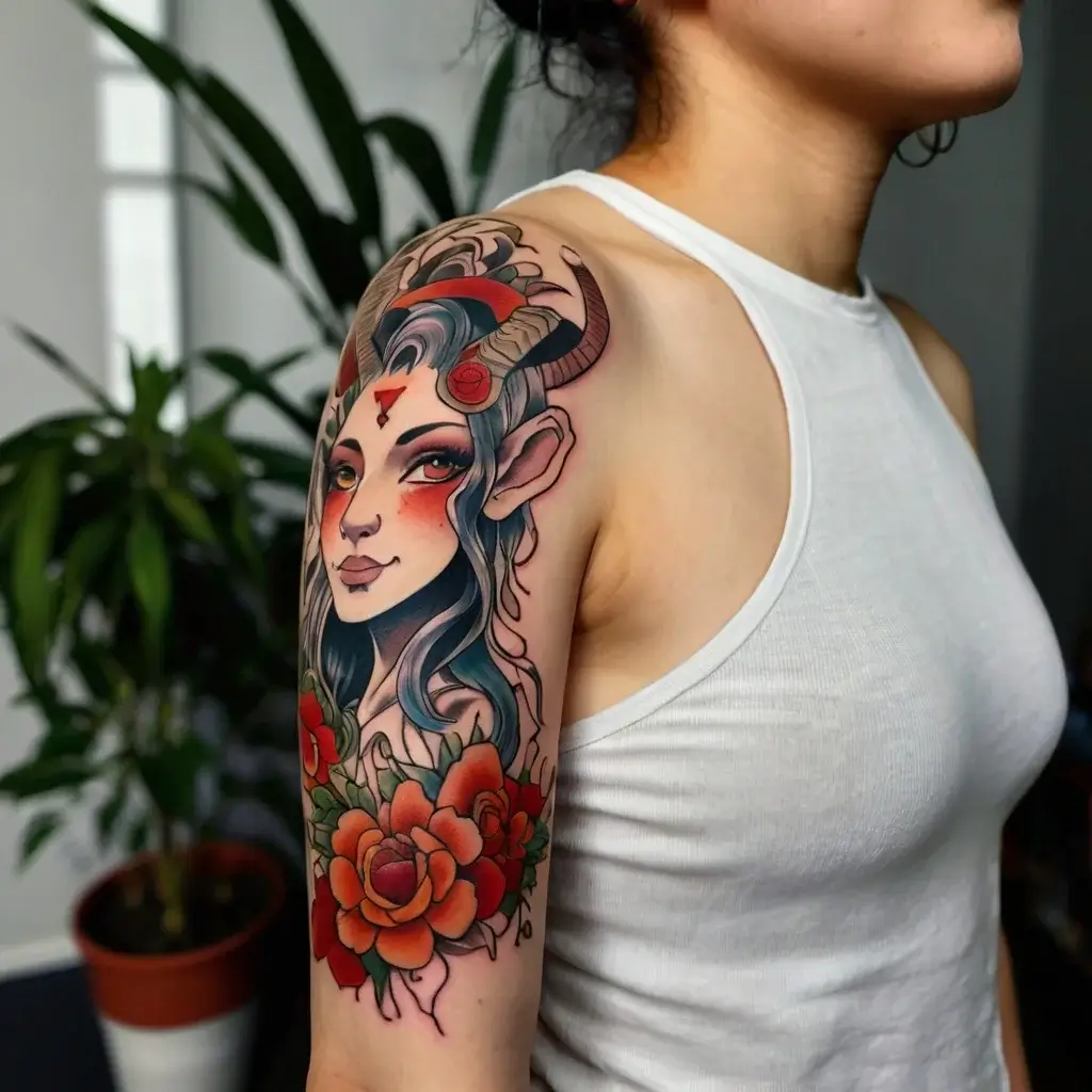 Tattoo of a mystical woman with horns, surrounded by vibrant red-orange roses on the upper arm, featuring bold, bright colors.