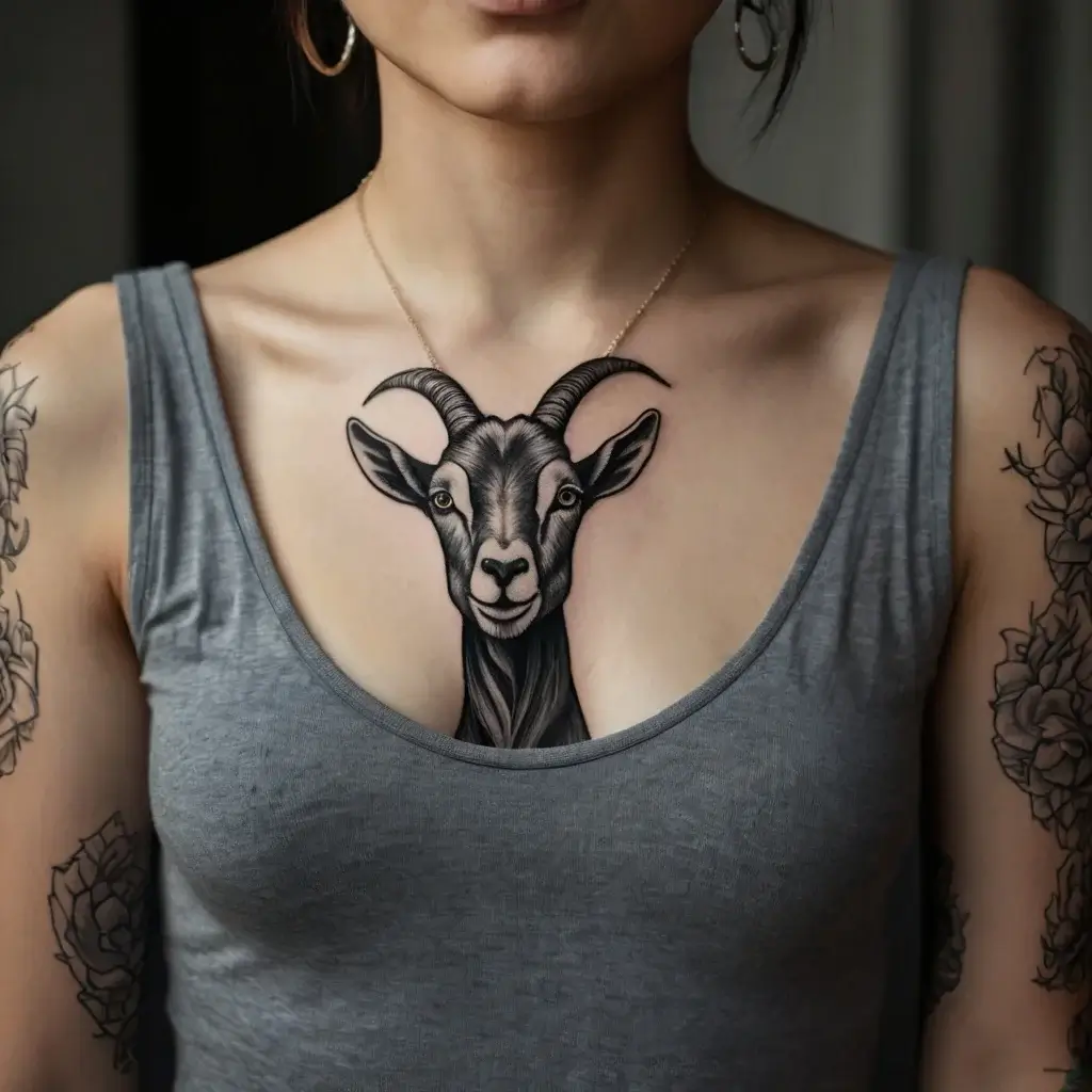 Tattoo of a detailed goat head centered on the chest, flanked by floral designs on the arms, all in black ink.