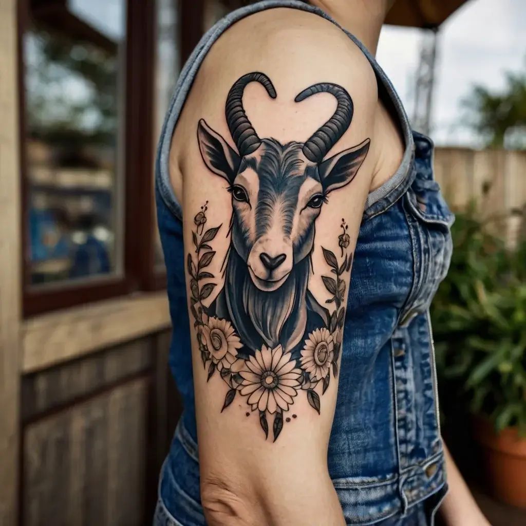 Tattoo of a detailed goat head with spiral horns, surrounded by floral elements and leaves on the upper arm.