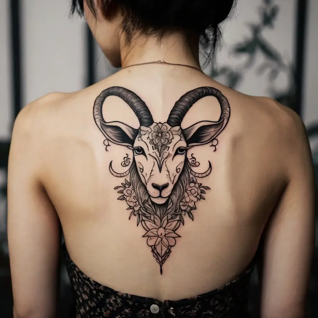 Intricate goat head tattoo with floral and geometric designs, detailed horns, and symmetrical embellishments on upper back.