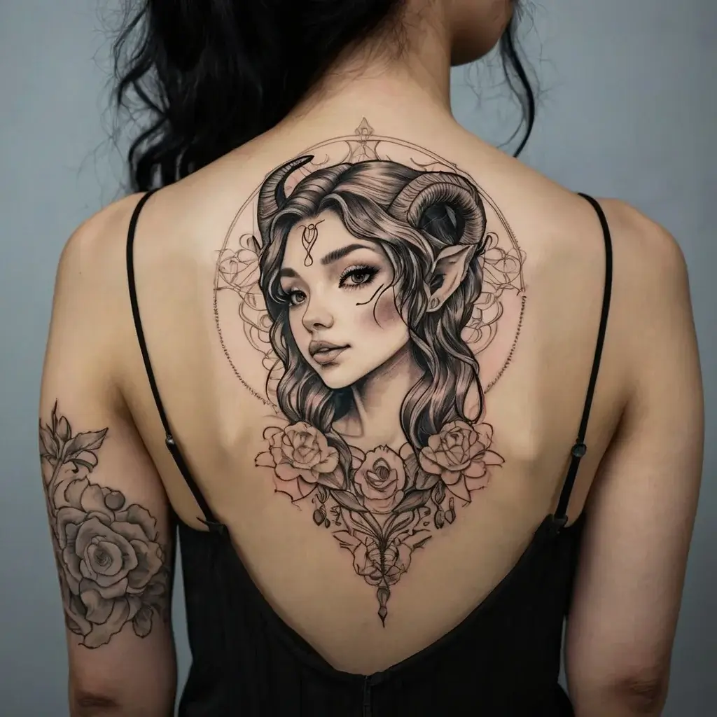 Fantasy-themed back tattoo of a woman with ram horns and elf ears, surrounded by geometric patterns and roses.