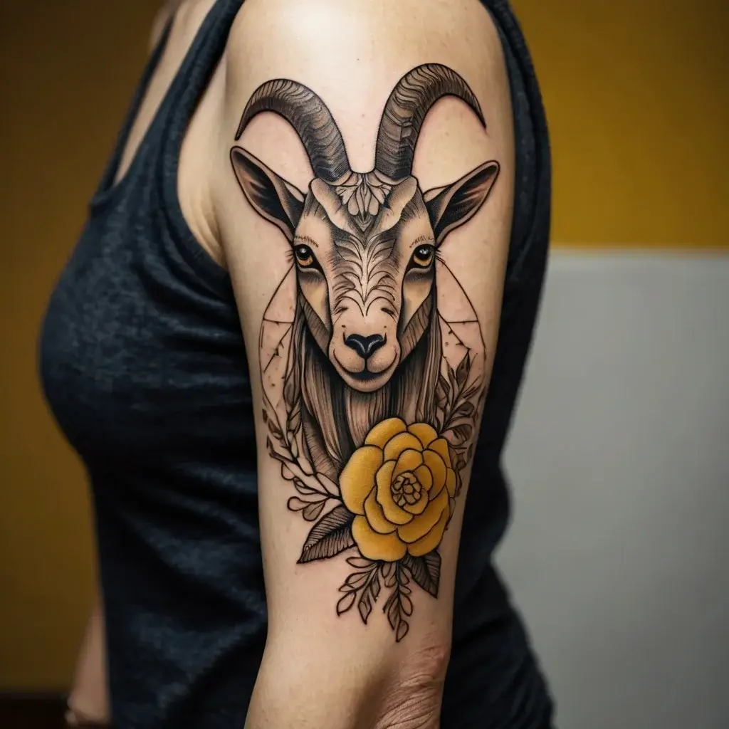 Tattoo of a realistic goat head with detailed horns, placed above a yellow flower and green leaves on the upper arm.