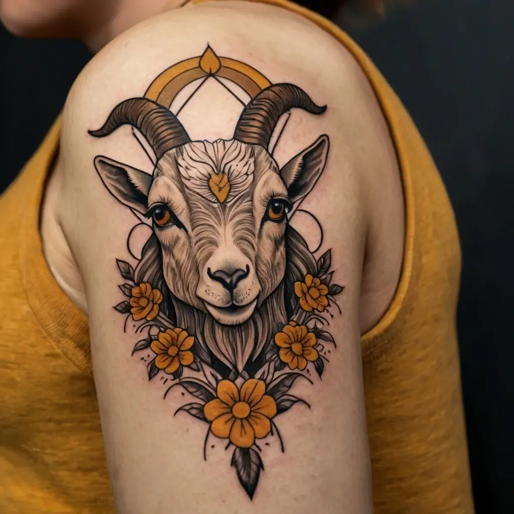 Tattoo of a goat's head with ornate horns, framed by golden flowers and geometric shapes, symbolizing nature and strength.