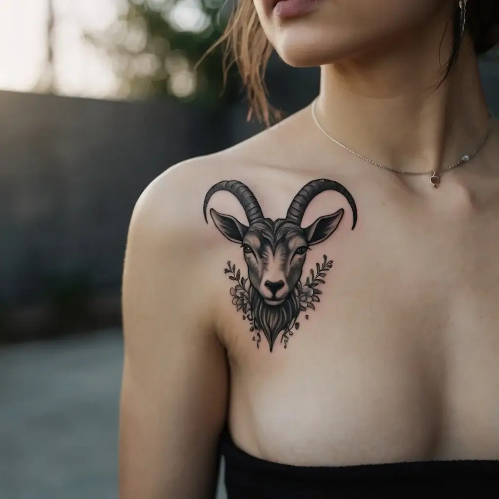 Tattoo of a detailed goat head with long horns, surrounded by botanical elements, located on the upper chest.