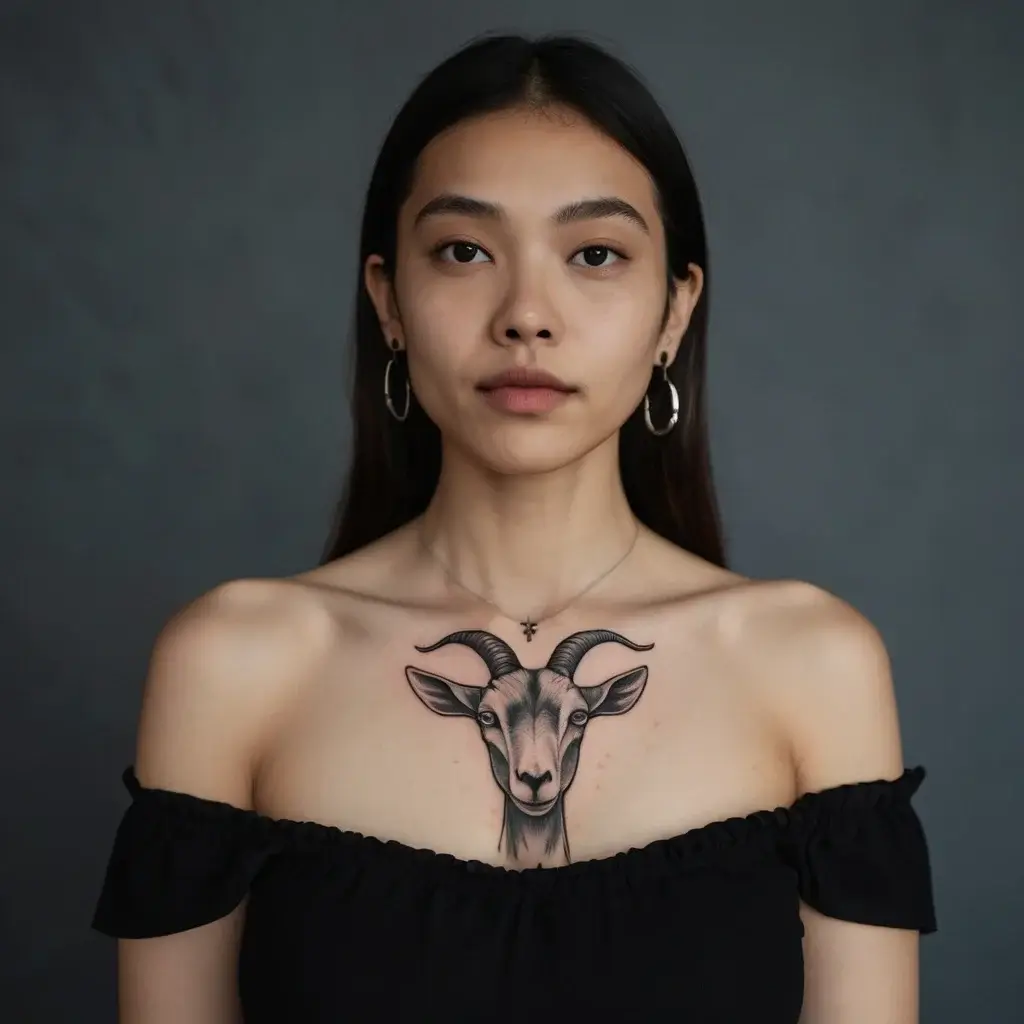 Chest tattoo of a goat with detailed shading, featuring curved horns, symbolizing resilience and independence.