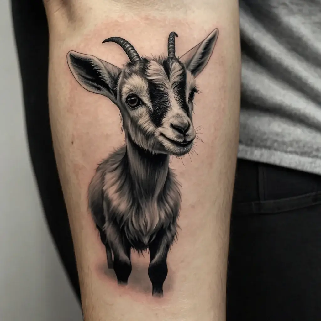 Black and gray realistic goat tattoo design on forearm, showcasing detailed fur texture and a lifelike expression.