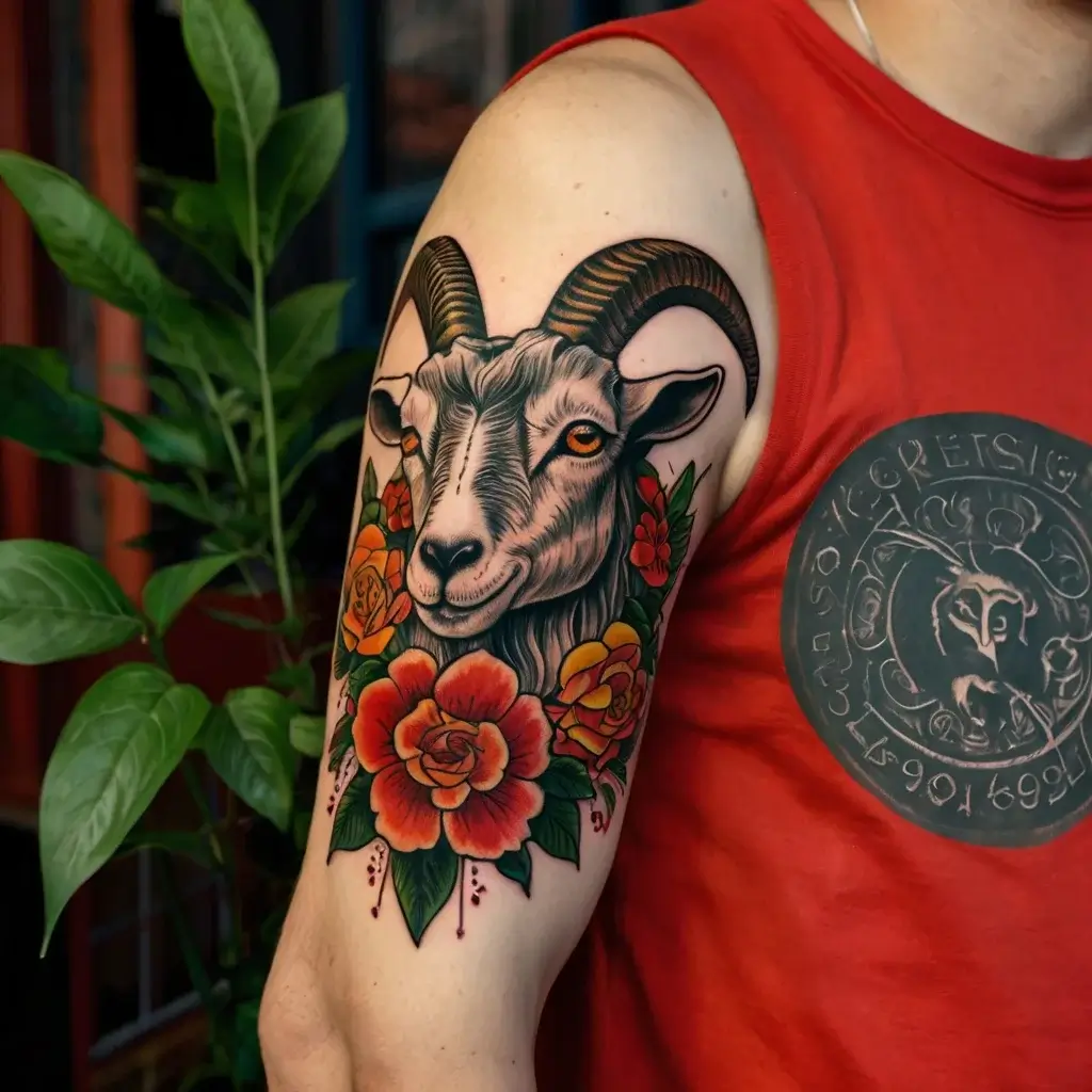 Goat tattoo with vibrant flowers on upper arm, blending realism and traditional styles, in red, yellow, and green hues.