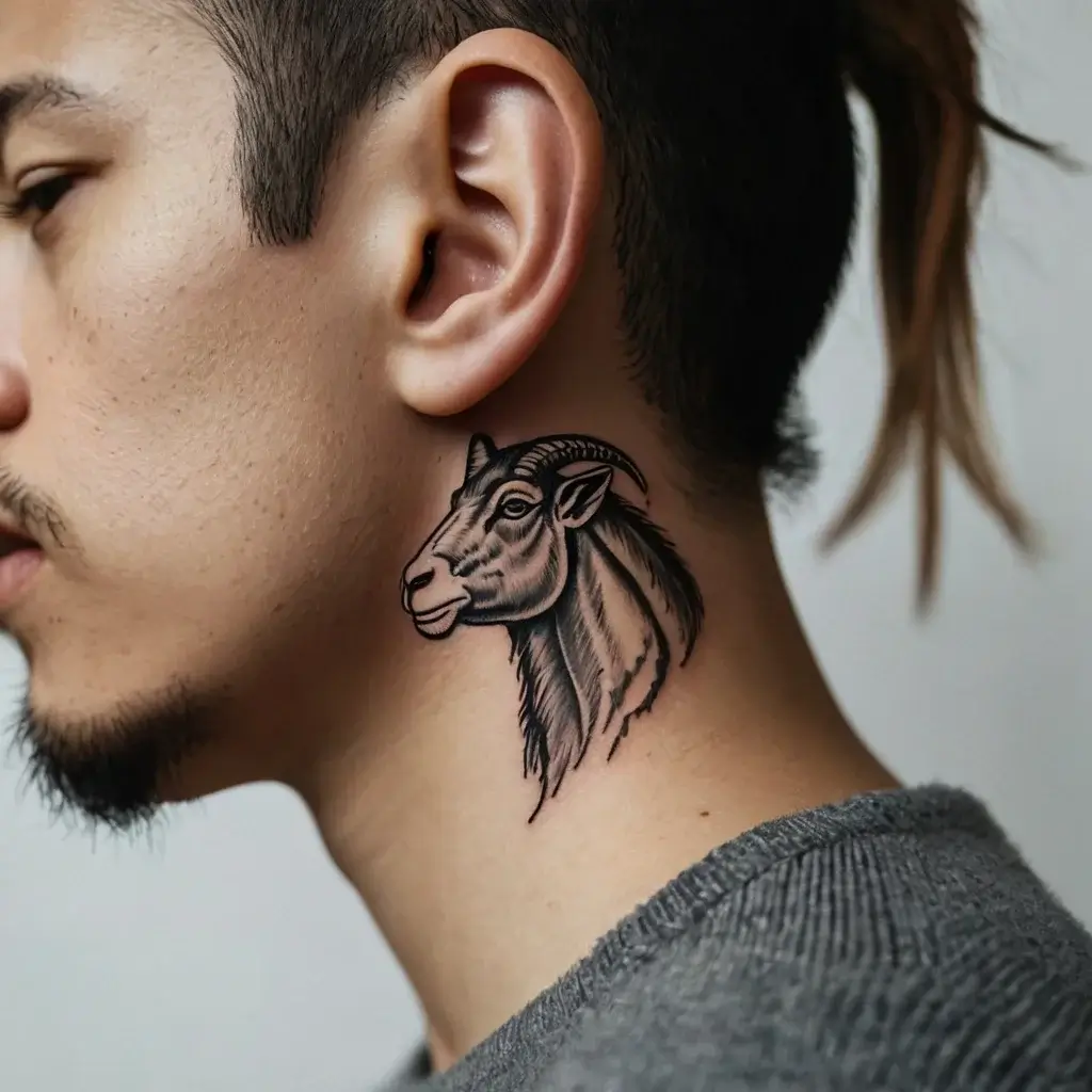 Neck tattoo of a detailed goat head in black ink, symbolizing strength and determination, placed just below the ear.