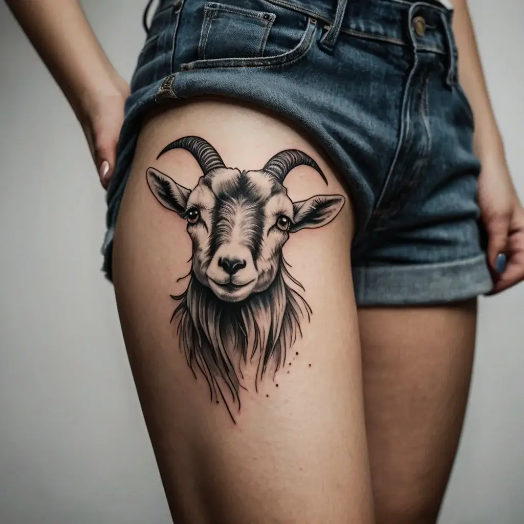 A realistic goat head tattoo with detailed shading, emphasizing horns and fur texture, placed on the thigh.