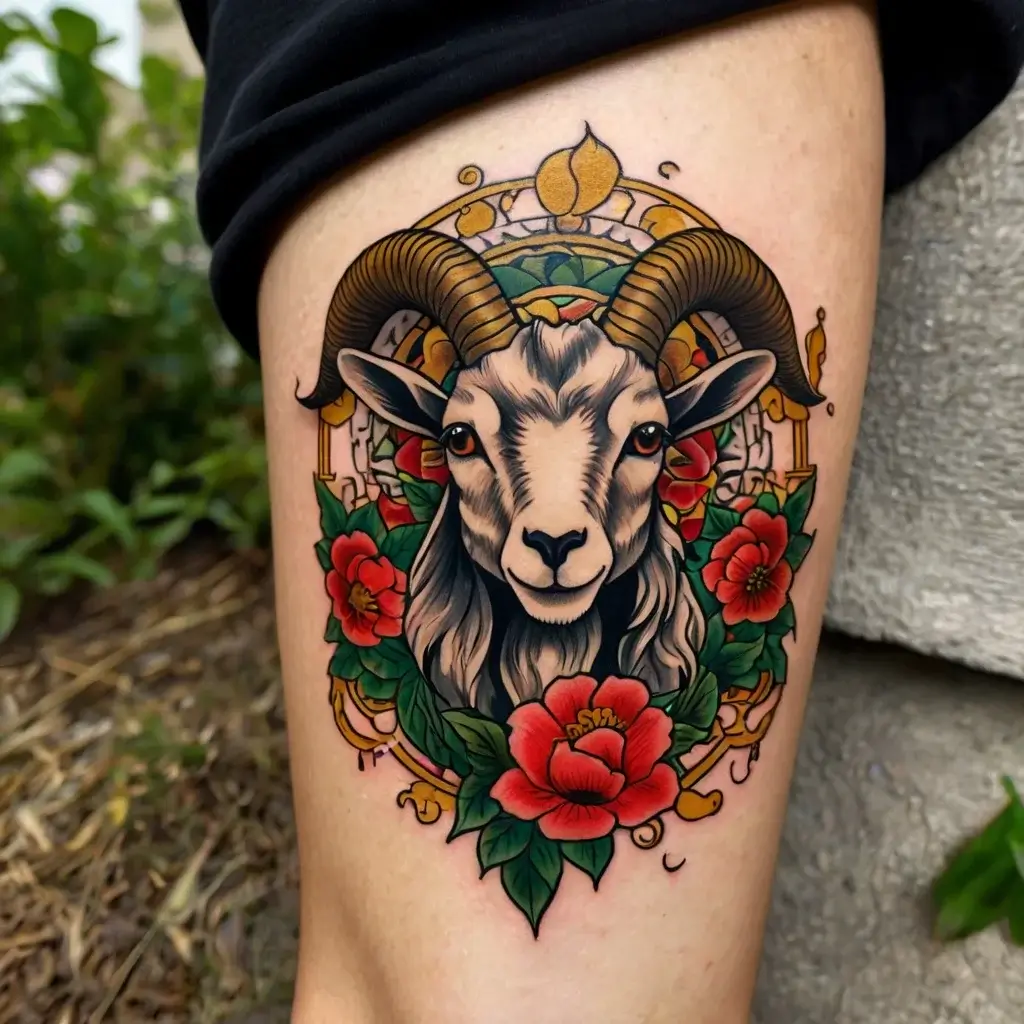 Tattoo of a detailed goat head crowned with ornate patterns, surrounded by vibrant red flowers and lush green leaves.