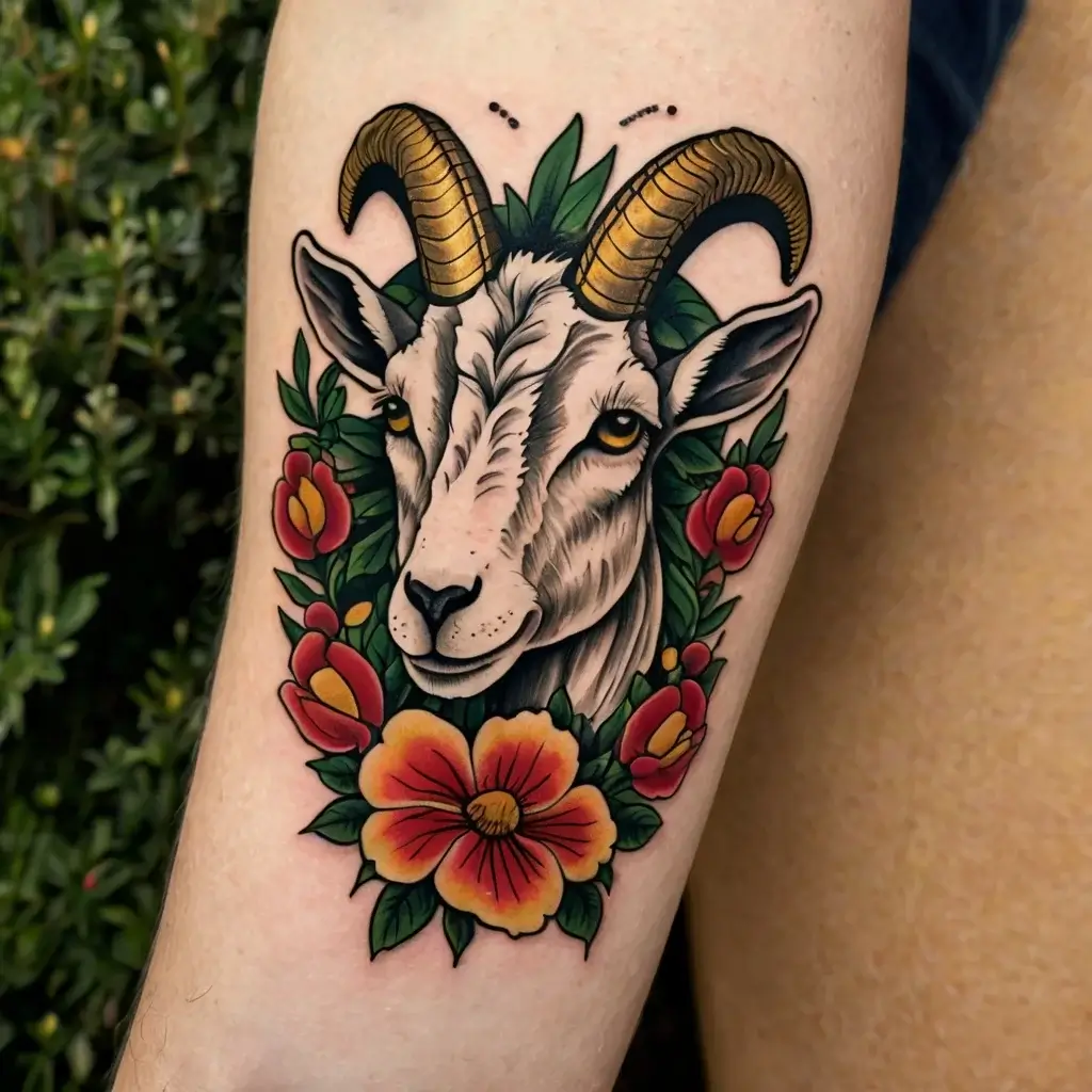 Tattoo of a detailed goat head with golden horns, surrounded by vivid red and orange flowers with green leaves.