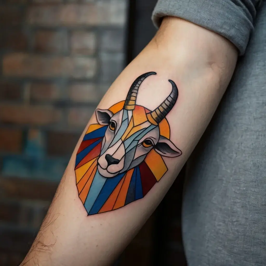 Geometric antelope tattoo with bold, colorful shapes in orange, blue, and red, creating a stained glass effect.