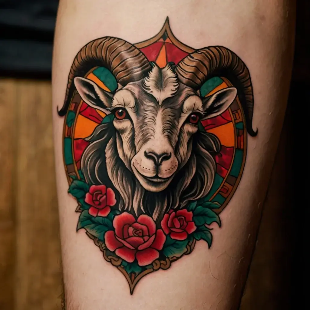 Tattoo of a ram's head with vibrant horns, framed by a stained-glass style background and red roses at the base.