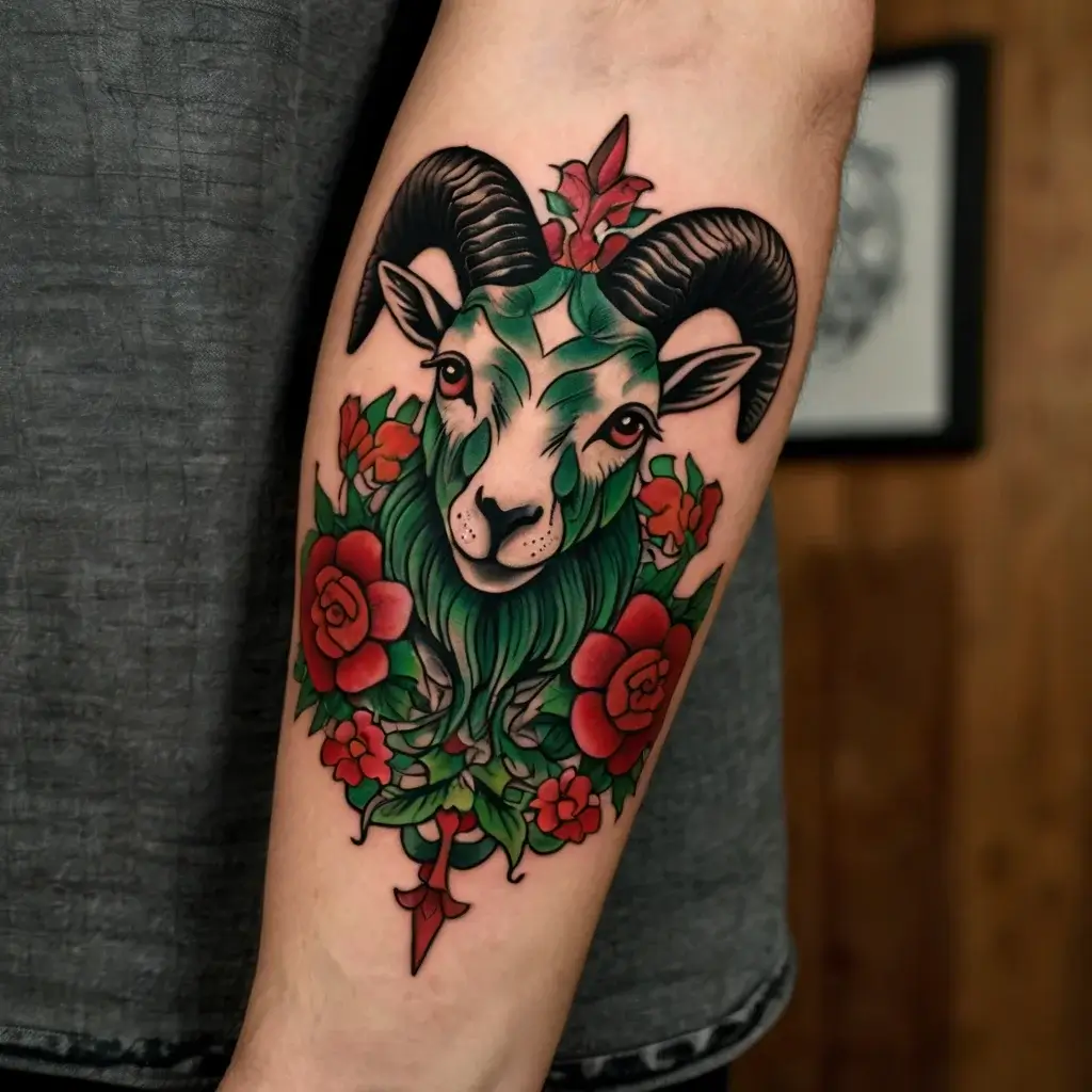 Tattoo of a green-tinged ram with ornate horns, surrounded by red roses and leaves, symbolizing strength and nature.