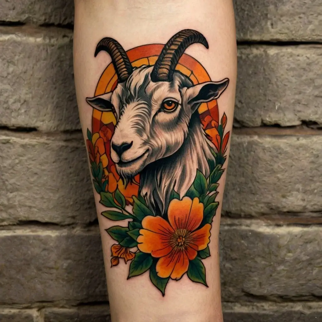 A goat head with bold horns, surrounded by vibrant orange flowers and leaves, set against a warm, circular backdrop.