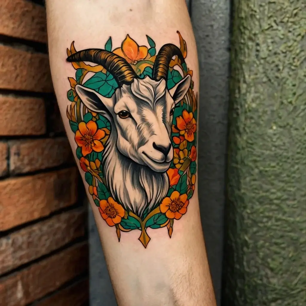 Tattoo of a goat with detailed horns, surrounded by vibrant orange flowers and lush green leaves on an arm.