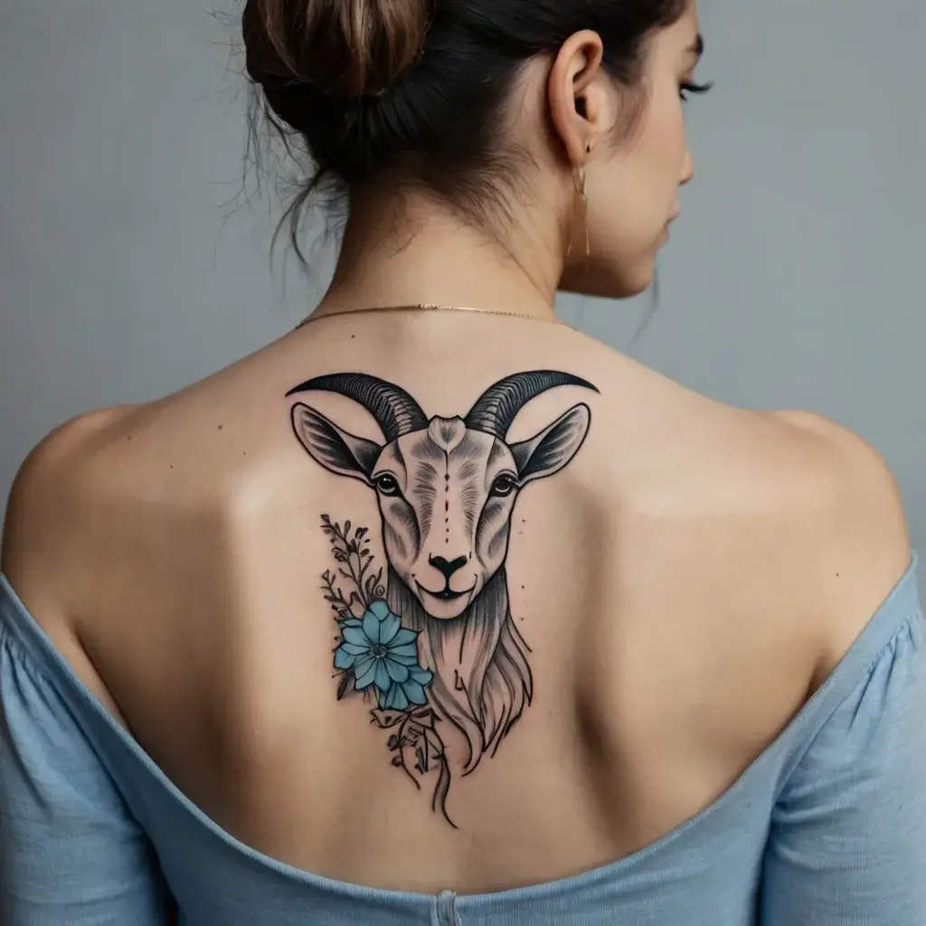 Tattoo of a detailed goat head with curved horns, framed by blue flowers and foliage, centered on the upper back.