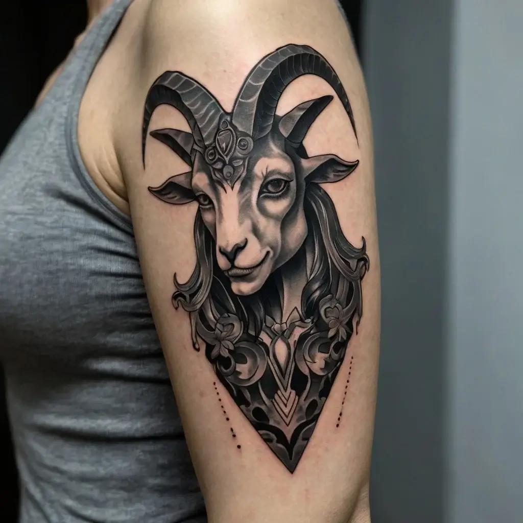 Tattoo of a detailed goat head with ornate patterns and floral accents, blending realism and fantasy, on upper arm.